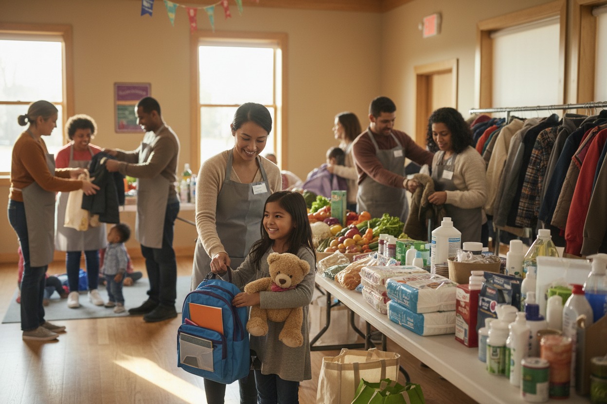Diverse volunteers pack holiday gifts into boxes in a warehouse.